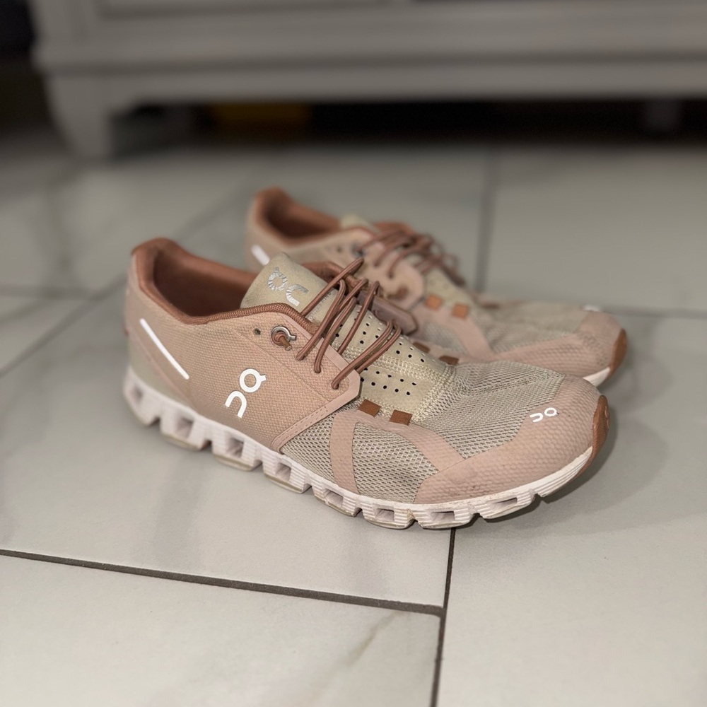 On Running Pink and Cream Athletic Shoes with Mesh Upper